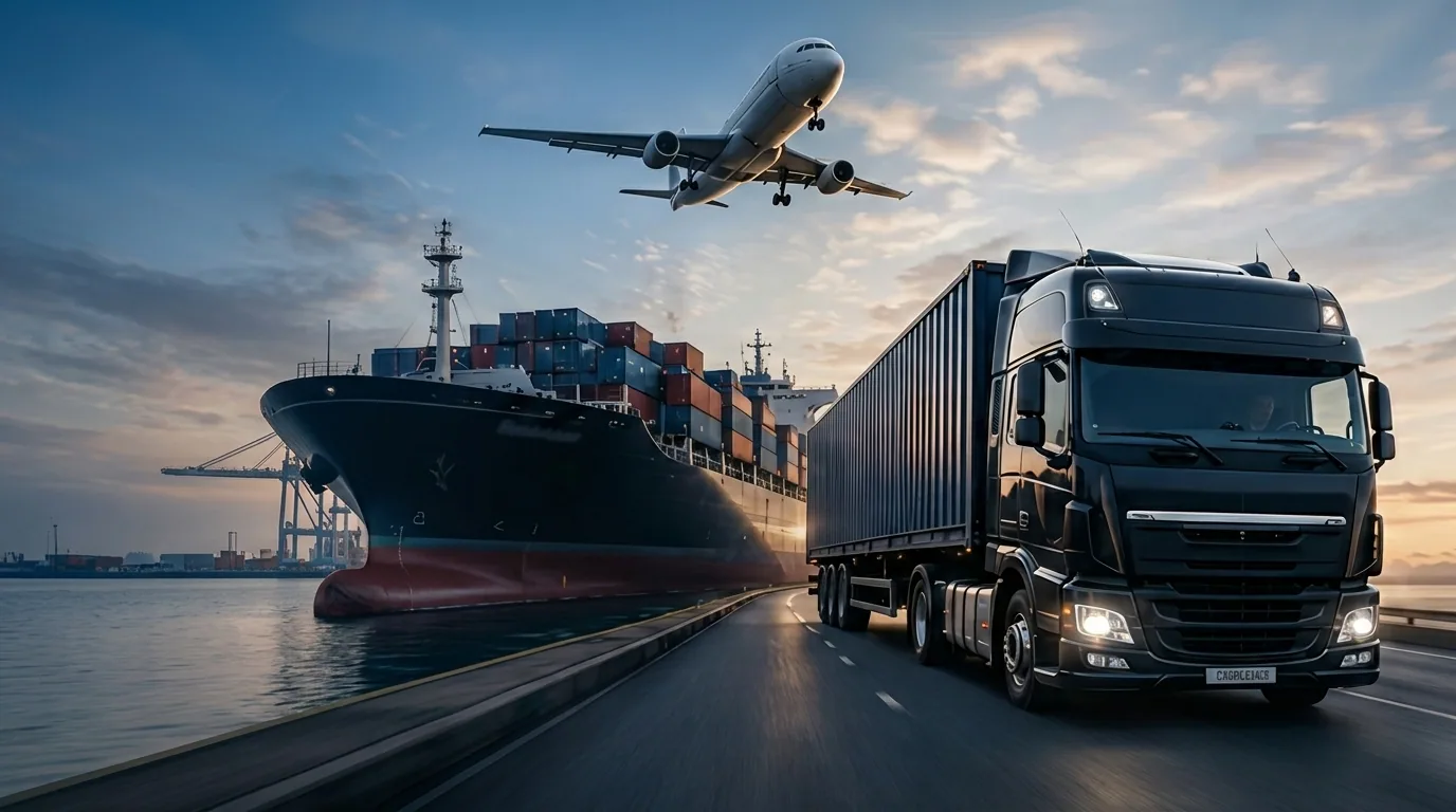 Compass Cargo truck travelling beside a container port